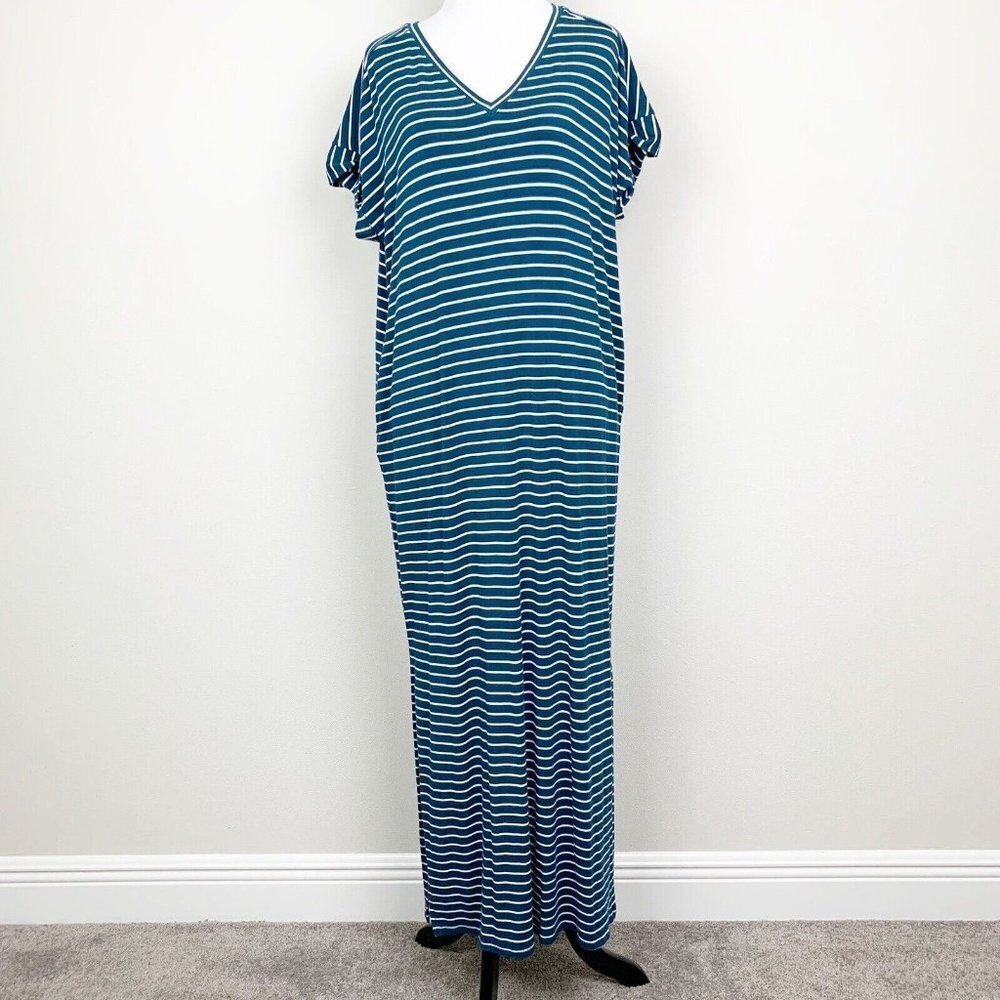 Matilda Jane Set Sail Striped Maxi Dress Teal Blue Stripes Small V-Neck